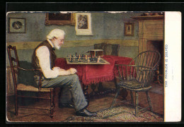 Künstler-AK The Problem Is Solved, Herr Allein Am Schachbrett  - Chess
