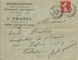 6L3 --- Lettre De 47 AGEN J.Pradel, Mercerie-bonneterie - 1900 – 1949