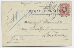 SEMEUSE 10C CARTE LIBOURNE GIRONDE 1906 + BRIGADE AMBULANT E POUR BORDEAUX INDICE 11 COTE 80€ - Spoorwegpost