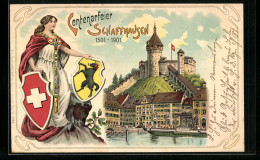 Lithographie Schaffhausen, Centenarfeier, Helvetia Mit Wappen  - Sonstige & Ohne Zuordnung