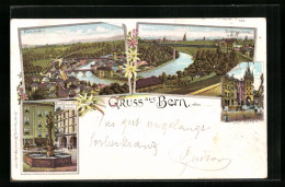 Lithographie Bern, Eisenbahnbrücke, Marktgasse, Nydeckbrücke  - Berne