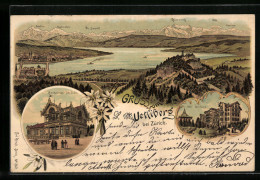 Lithographie Zürich, Restaurant Uto Kulm, Hotel Vetliberg, Panorama Mit Bergen Und See  - Autres & Non Classés