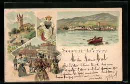 Lithographie Vevey, Ortsansicht Mit Ruderpartie  - Vevey