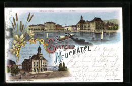 Lithographie Neuchatel, L`Hotel-des-Postes Et Le Port, La Poste Fédérale  - Sonstige & Ohne Zuordnung