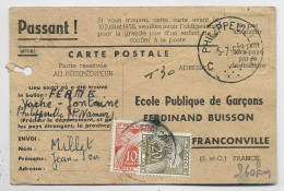 FRANCE TAXE GERBES 10FR+20FR FRANCONVILLE 1953 SUR CARTE POSTALE PAR BALLON DE BELGIQUE PHILIPPEVILLE NAMUR - 1859-1959 Storia Postale