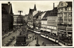 CPA Chemnitz In Sachsen, Markt, Denkmal, Geschäftshäuser, Straßenbahnen - Other & Unclassified