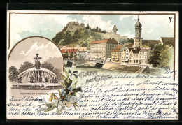 Lithographie Graz, Brunnen Am Stadtpark, Partie Im Zentrum Mit Brücke  - Sonstige & Ohne Zuordnung