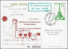 France 1983. Entier Postal Repiqué. Centrale électrosolaire, Fonctionnement Depuis Les Récepteurs - Elektriciteit