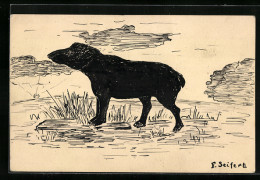 Künstler-AK Handgemalt: Schwarzer Hund Bei Sonnenschein  - 1900-1949