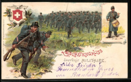 Lithographie Soldatengruss, Schweizer Militär Im Feld  - Other & Unclassified