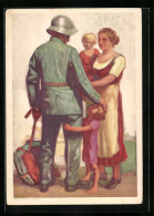 Künstler-AK Bundesfeier 1929, Schweizer Soldat Mit Stahlhelm Verabschiedet Sich Von Familie  - Andere & Zonder Classificatie