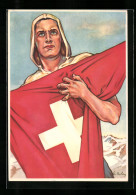 Künstler-AK 650 Jahre Eidgenossenschaft 1291-1941, Schweizer Mit Flagge Und Ernstem Blick  - Autres & Non Classés