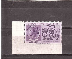 1954 L.25 CAPACITA' CONTRIBUTIVA ANGOLO DI FOGLIO - 1946-60: Mint/hinged