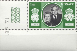 Monaco Poste N** Yv:1265 Mi:1465 Prince Rainier III & Princesse Grace Coin D.feuille Daté 14-4-81 - Neufs