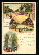 Lithographie Berlin-Tiergarten, Am Wrangel-Brunnen, Das Denkmal Der Königin Luise  - Dierentuin