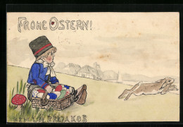 Künstler-AK Handgemalt: Mann Mit Osterkorb Und Dem Osterhasen, Ostergruss  - Ostern