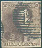 N°1h - Epaulette 10 Centimes Brun-ROUX, TB Margée Et Obl. P.24 BRUXELLES. COB. 500 Euros. - Superbe - 22182 - 1849 Mostrine