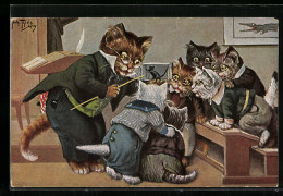 Künstler-AK Arthur Thiele: Vermenschlichte Katzen Als Schüler Beim Anschauungsunterricht Mit Einer Maus  - Thiele, Arthur