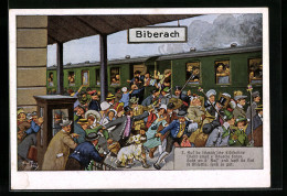 Künstler-AK Arthur Thiele: Biberach, Auf De Schwäb`sche Eisebahne, Nr. 3, Bauer Mit Bock Am Bahnhof  - Thiele, Arthur