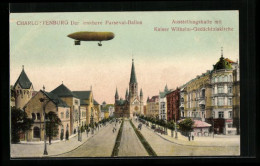 AK Berlin-Charlottenburg, Der Lenkbare Parseval-Ballon, Ausstellungshalle Mit Kaiser Wilhelm-Gedächtniskirche  - Aeronaves