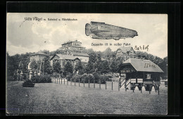 AK Essen, Villa Hügel Mit Bahnhof Und Fährhäuschen, Zeppelin III In Voller Fahrt  - Airships