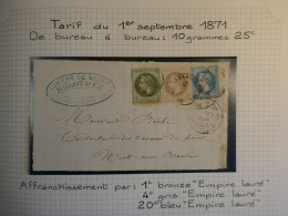 DO17 FRANCE  TRICOLORE .LETTRE  DEVANT  1871  PETIT BUREAU  ISLE ARMANCON A NUITS+NAPOLEON LAURé+AFF. INTERESSANT ++ - 1849-1876: Période Classique