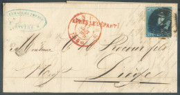 N°2 - Epaulette 20 Centimes Bleue, Margée, Obl. P.4 Sur Lettre D'ANVERS Le 17 Août 1850 + Griffe Rouge APRES LE DEPART V - 1849 Epaulettes