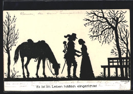 Künstler-AK Friedrich Kaskeline: Schattenbild, Trompeter Mit Pferde Und Frau  - Kaskeline