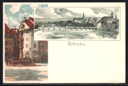 Künstler-AK Karl Mutter: Basel, Ortspartie Mit Brücke, Marktplatz Mit Brunnen  - Mutter, K.