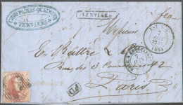 N°12A - Médaillon 40 Centimes Vermillon, Légèrement Touché Mais Avec Voisin, Obl. Ambulant E.III. Sur Lettre De VERVIERS - 1858-1862 Medaillons (9/12)