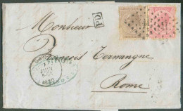 N°19-20 - 30 Centimes Brun + 40 Centimes Rose Obl. LP.141 Sur Lettre De GAND Le 7 Juin 1870 Vers Rome Via FRANCE/OUEST 3 - 1865-1866 Profile Left