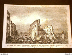 Rarissima Incisione Del 1836 Chiesa Di San Paolo A Lisbona Dopo Terremoto 1755 - Avant 1900