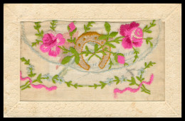 * CP BRODEE AVEC CARTE A L'INTERIEUR * FER A CHEVAL * ROSES - Embroidered