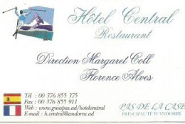 Carte De Visite   ANDORRE ANDORRA  HOTEL CENTRAL PAS DE LA CASE COLL ALVES - Tarjetas De Visita