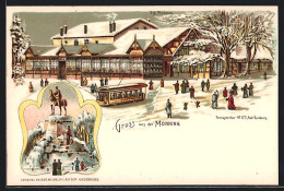 Winter-Lithographie Monning, Teilansicht Mit Strassenbahn Im Schnee, Kaiser Wilhelm I. Denkmal  - Autres & Non Classés