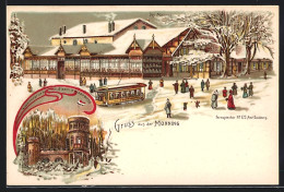 Winter-Lithographie Duisburg, Gasthaus Monning Und Strassenbahn, Aussichtsturm Auf Dem Kaiserberg  - Autres & Non Classés