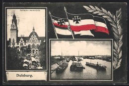 AK Duisburg, Hafenpartie Und Marktplatz M. Salvatorkirche, Reichsflagge Mit Eisernem Kreuz  - Duisburg