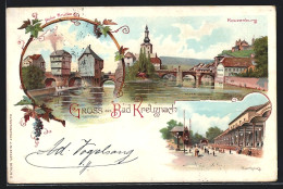 Lithographie Bad Kreuznach, Kauzenburg, Nahe-Brücke, Kurhaus  - Bad Kreuznach