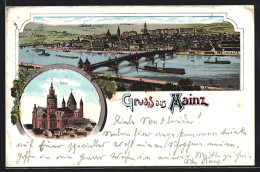 Lithographie Mainz, Ansicht Dom Und Flusspanorama Mit Dampfschiffen  - Mainz