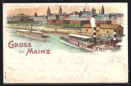 Lithographie Mainz, Flussdampfer Vor Stadtpanorama  - Mainz