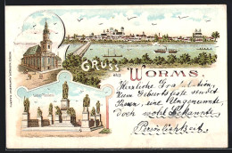 Lithographie Worms, Luther Denkmal, Dreifaltigkeitskirche, Flusspanorama  - Worms
