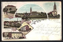 Lithographie Leutersdorf / Oberlausitz, Hotel Mit Bahnhof Und Dampflok, Lutherische Kirche, Kaiserl. Postamt  - Other & Unclassified