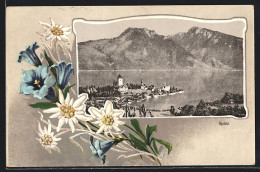 Passepartout-AK Spiez, Gesamtansicht, Edelweiss  - Spiez