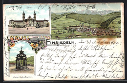 Lithographie Einsiedeln, Mutter Gottes-Brunnen, Kloster, Gesamtansicht  - Einsiedeln