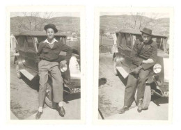 2 Photos Automobile Hommes Appuyés à Une Renault 1947 - Automobile