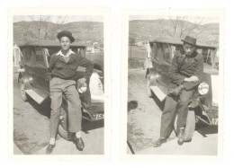 2 Photos Automobile Hommes Appuyés à Une Renault 1947 - Cars