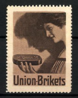 Reklamemarke Union-Brikets, Fräulein Hält Ein Kohlestück  - Vignetten (Erinnophilie)