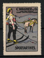 Künstler-Reklamemarke Moos, Sportartikel Von C. Wagner, München, Skiläuferin Lässt Sich Vom Pferd Ziehen  - Erinnophilie