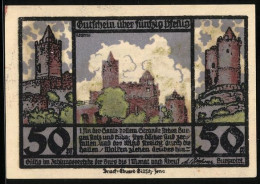 Notgeld Kösen / Saale, 50 Pfennig, Die Saale Aus Der Vogelschau, Burgruine  - Lokale Ausgaben
