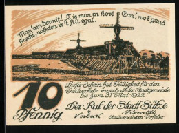 Notgeld Sülze 1922, 10 Pfennig, Panorama Mit Windmühlen, Gebäudeansicht  - Lokale Ausgaben